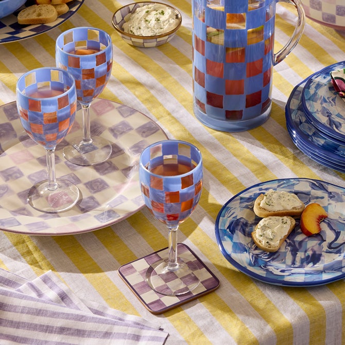 Blue Check Acrylic Wine Goblets, Set of 4 image number 1