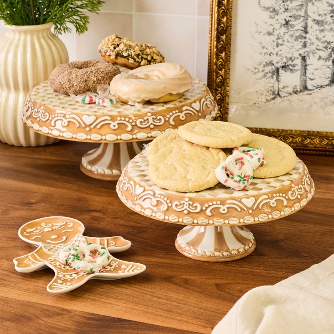 Mocha Check Gingerbread Large Pedestal Platter image number 1