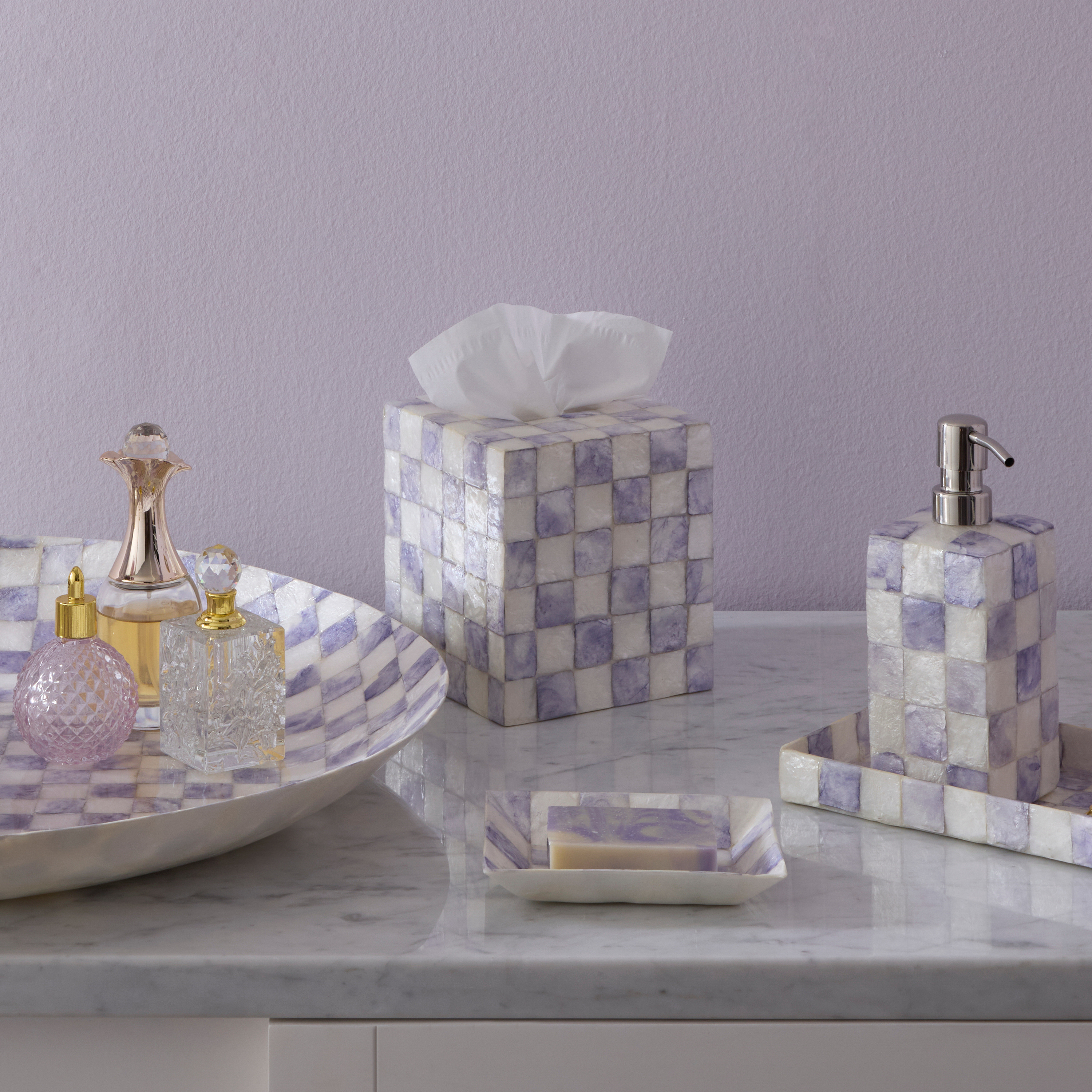 MacKenzie-Childs | Violet Check Capiz Boutique Tissue Box Cover