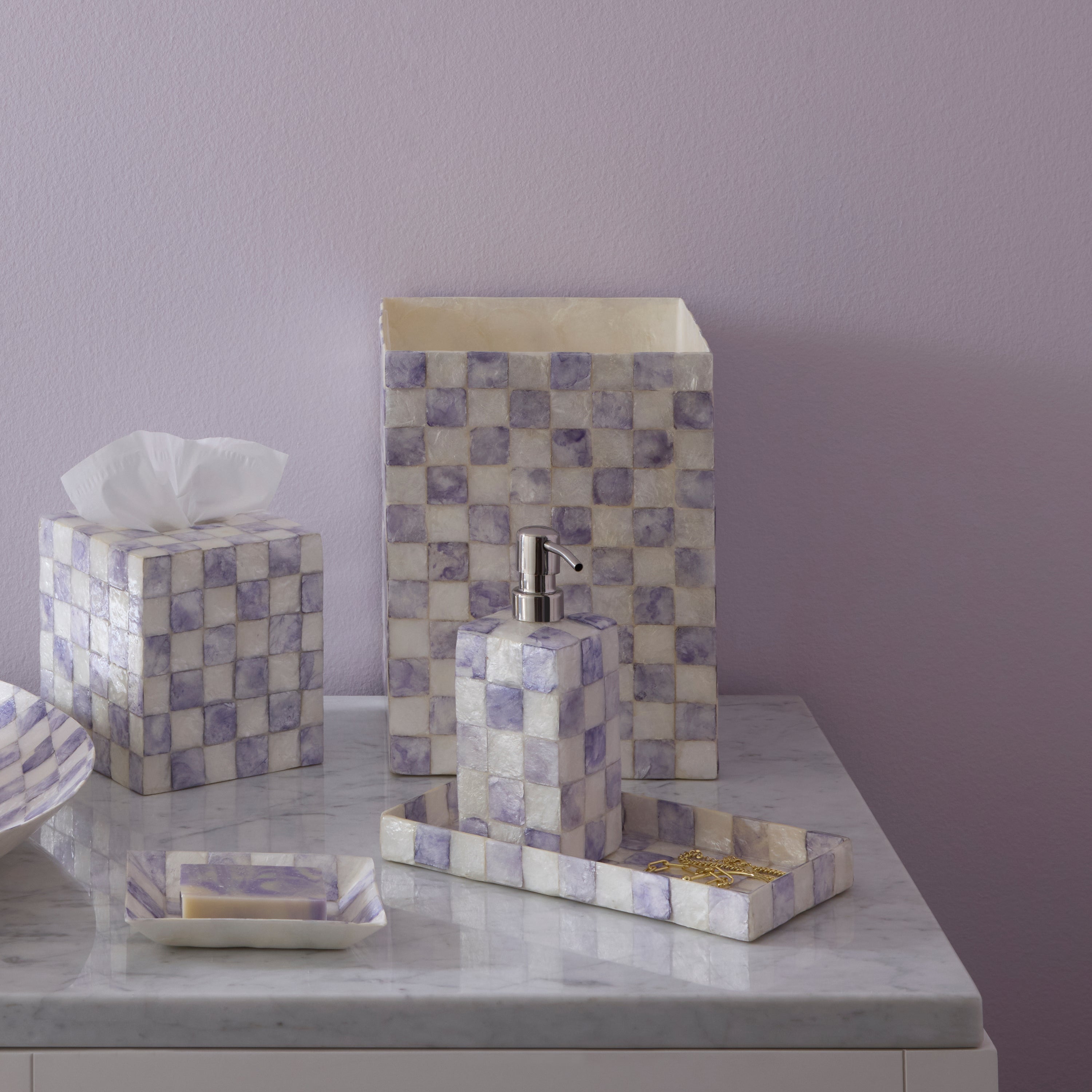 MacKenzie-Childs | Violet Check Capiz Waste Bin