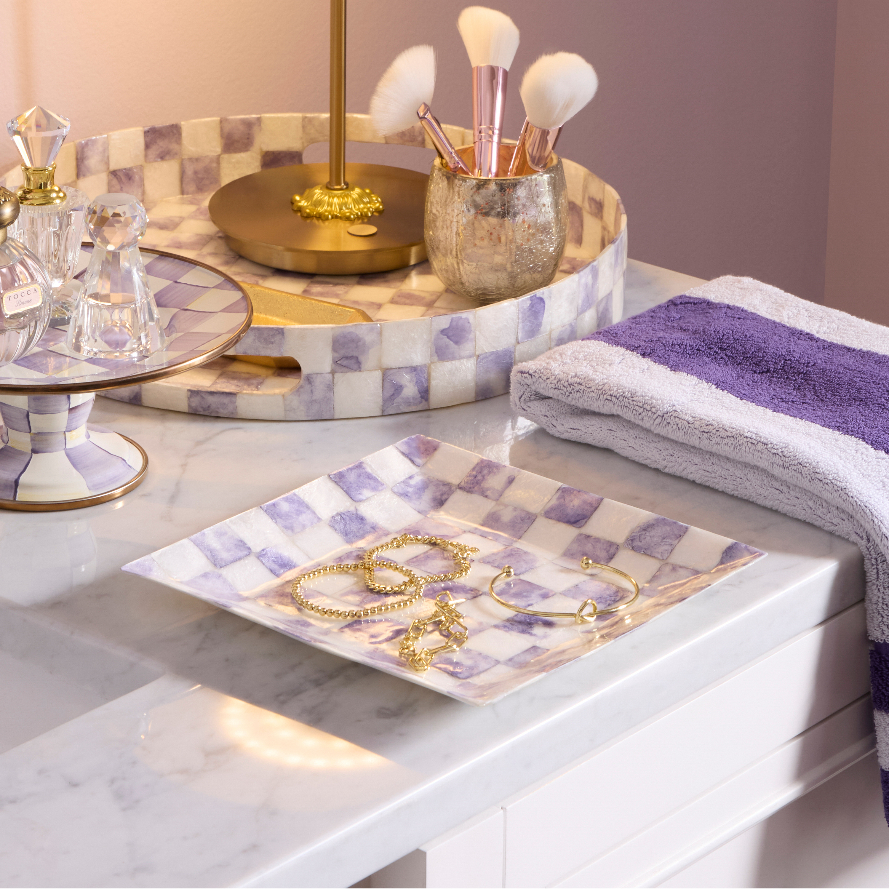 MacKenzie-Childs | Violet Check Capiz Catchall Tray