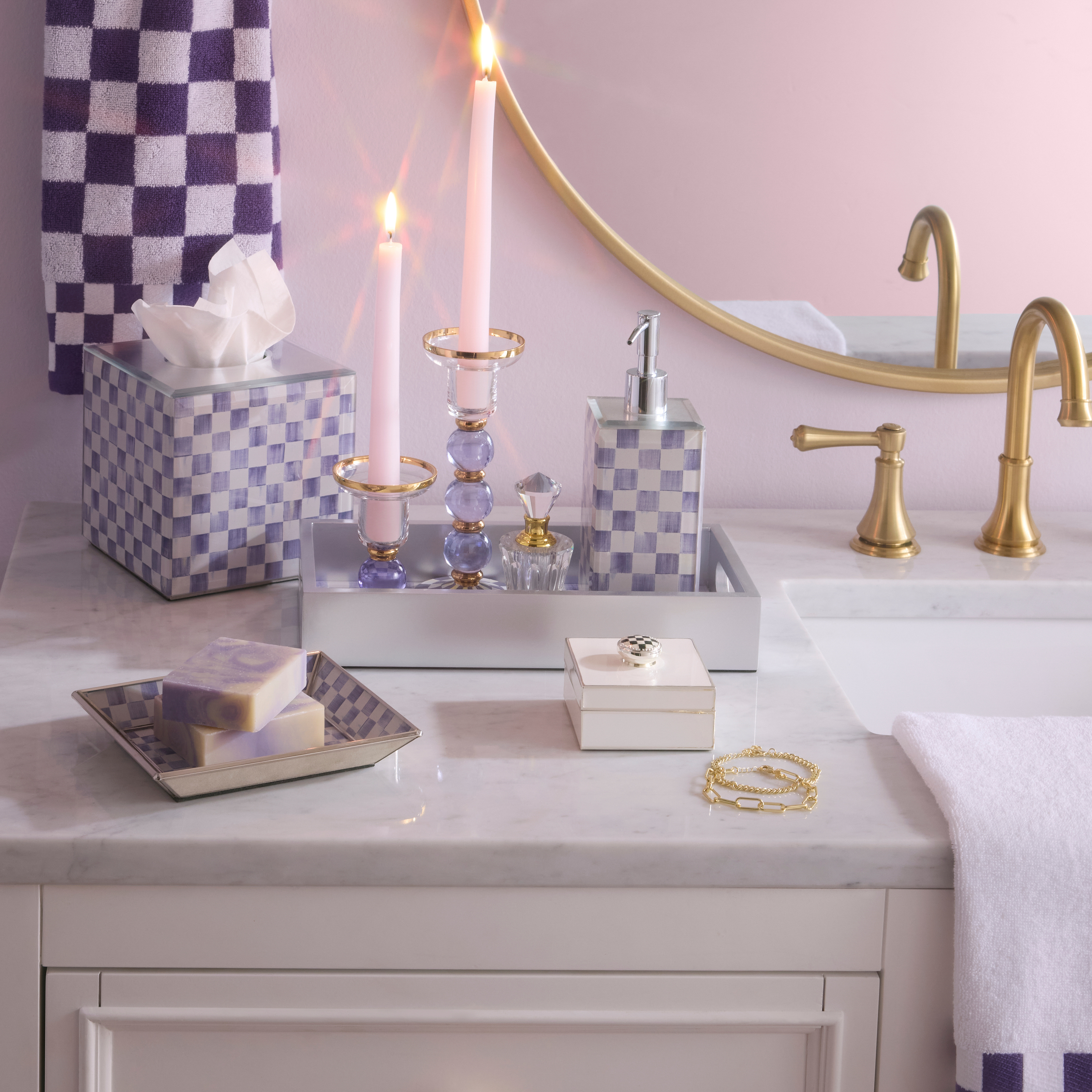 MacKenzie-Childs | Violet Check Glass Vanity Tray