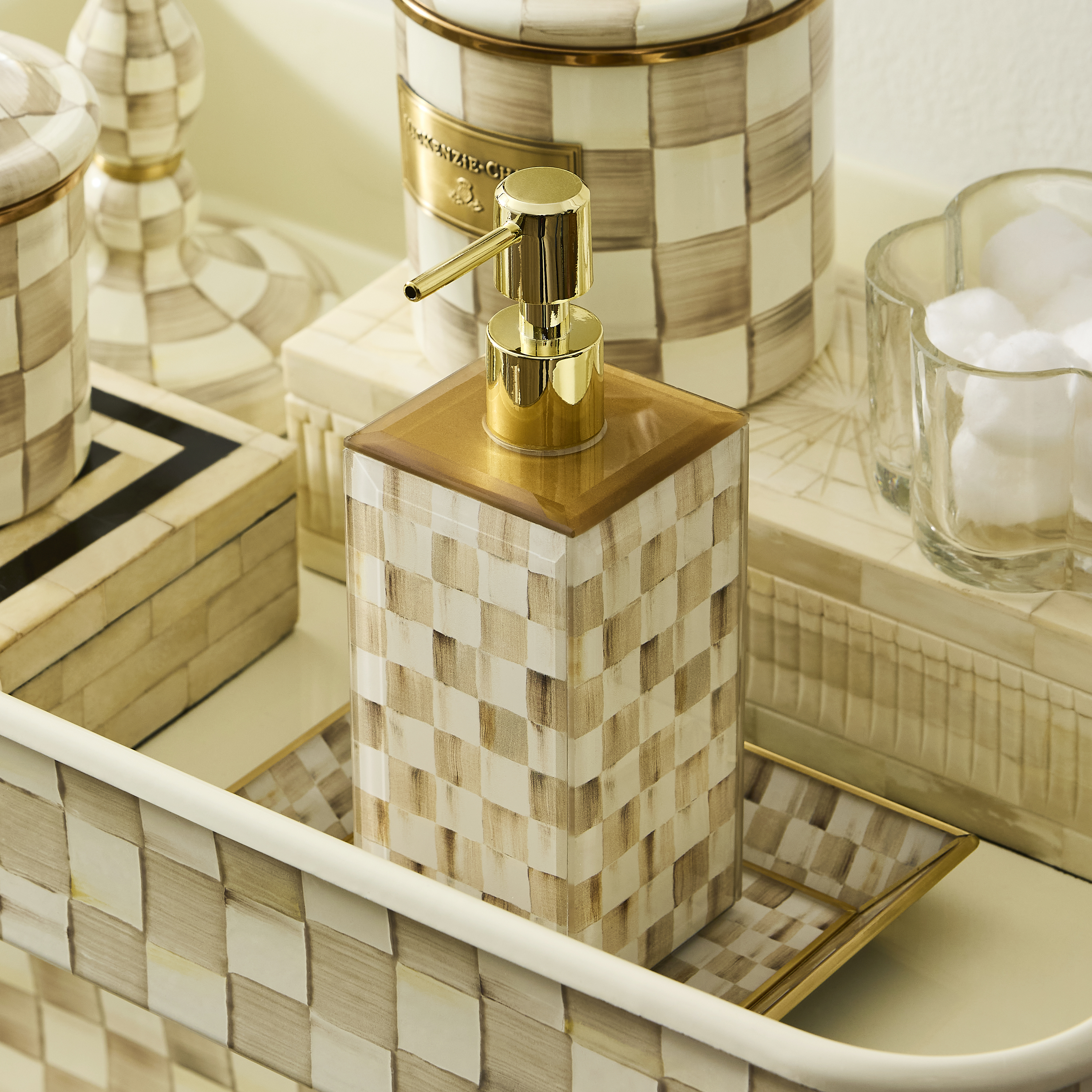 MacKenzie-Childs | Mocha Check Glass Soap Pump