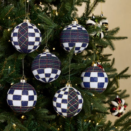 Navy Tartan Glass Ball Ornaments, Set of 6
