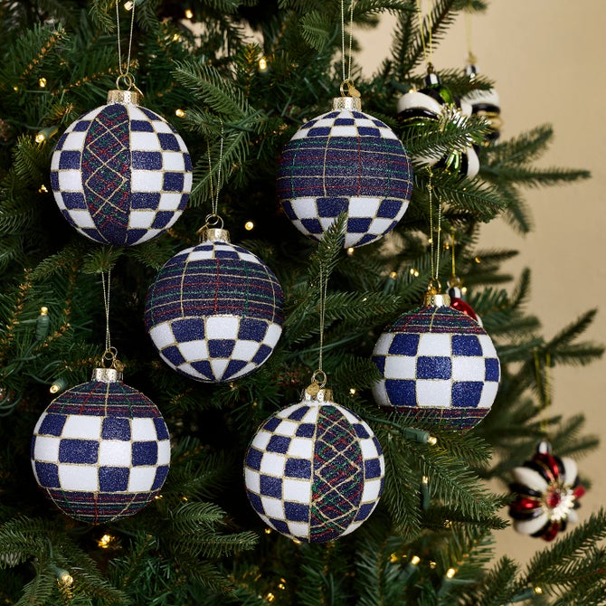 Navy Tartan Glass Ball Ornaments, Set of 6 image number 1