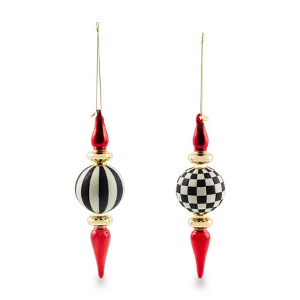 Black & White Check Finial Glass Ornaments, Set of 2