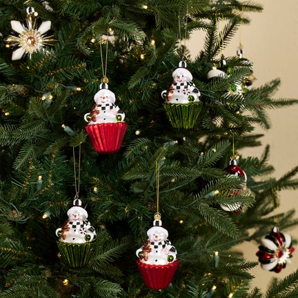 Cupcake Snowman Glass Ornaments, Set of 4