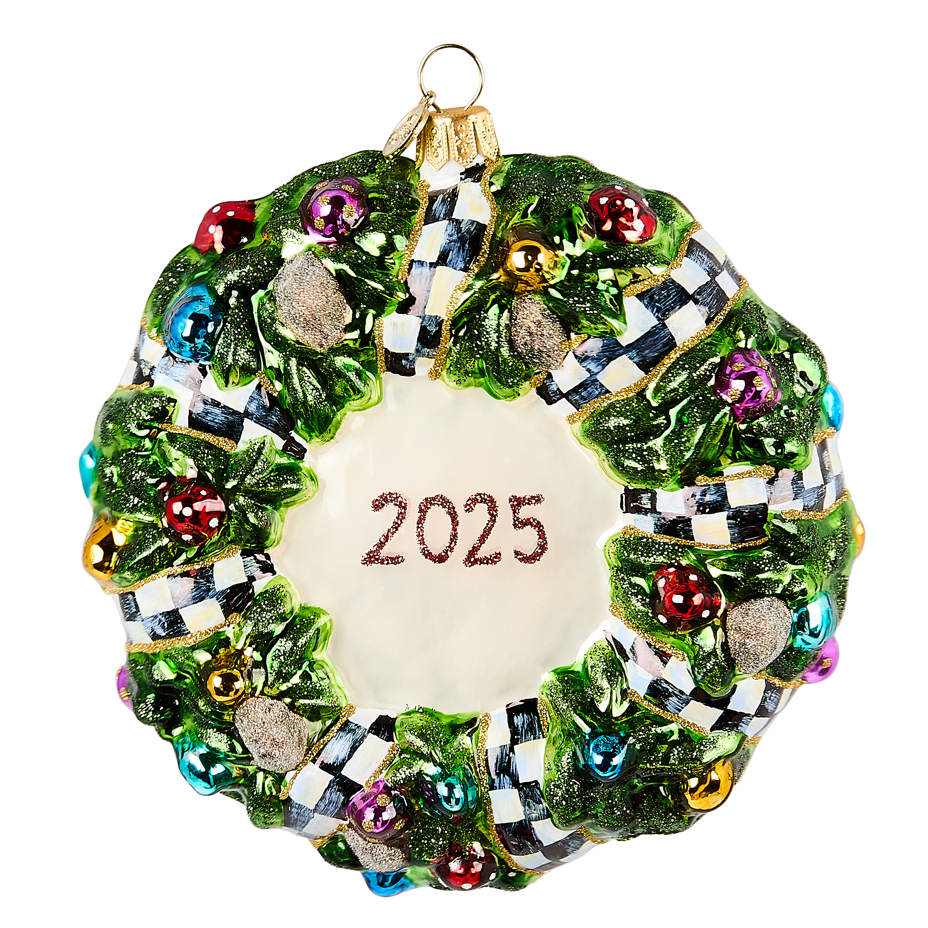 MacKenzie-Childs | 2025 Here Comes Black Santa Wreath Glass Ornament