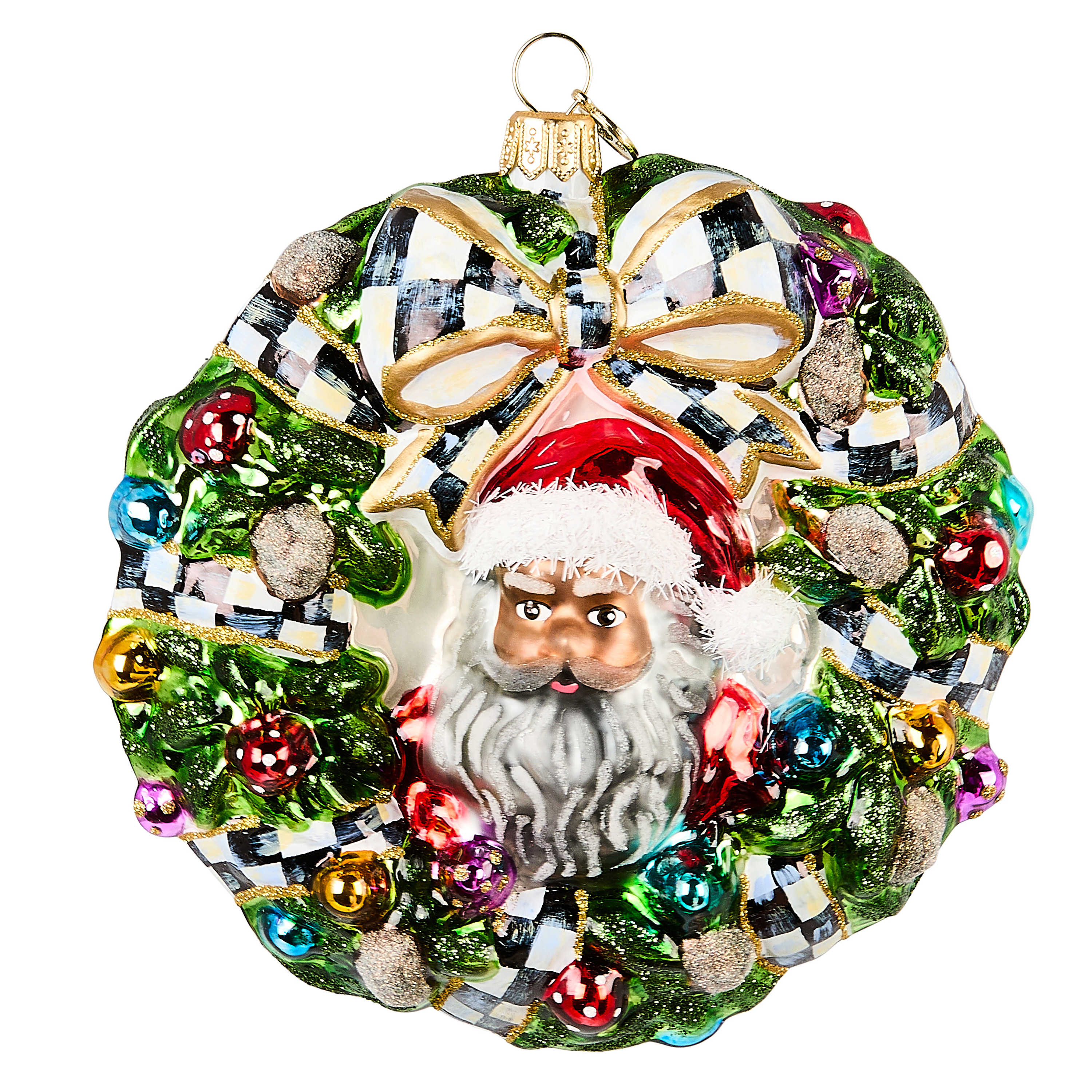 MacKenzie-Childs | 2025 Here Comes Black Santa Wreath Glass Ornament