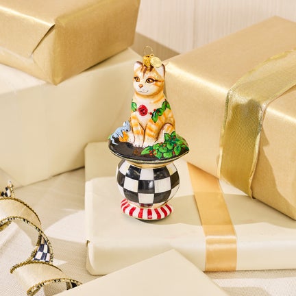 Cat on Tuffet Glass Ornament