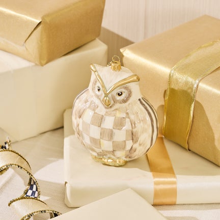 Mocha Check Owl Glass Ornament