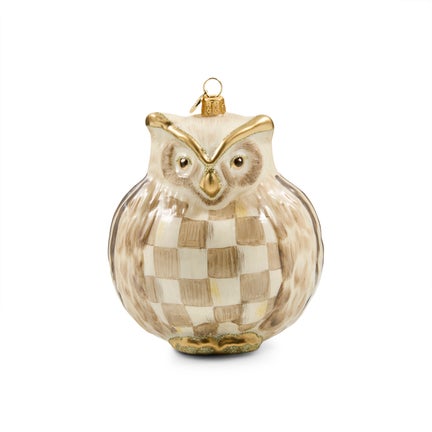 Mocha Check Owl Glass Ornament
