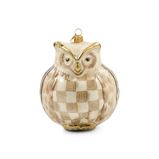 Mocha Check Owl Glass Ornament image number 0