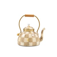 Mocha Check Tea Kettle Glass Ornament