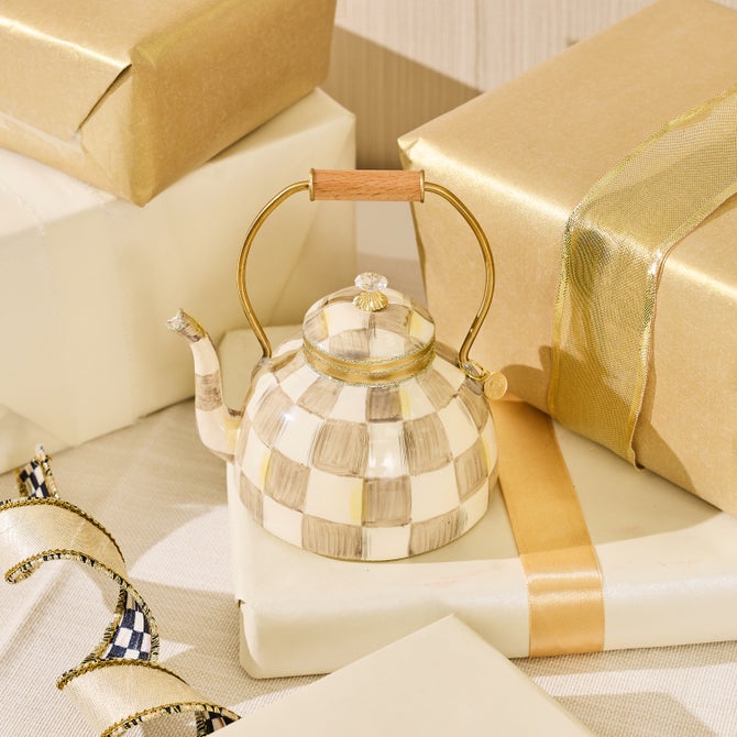 Mocha Check Tea Kettle Glass Ornament image number 1