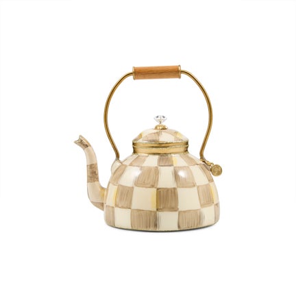 Mocha Check Tea Kettle Glass Ornament