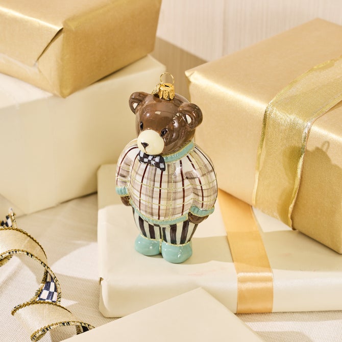 Mocha Tartan Bear Glass Ornament image number 1
