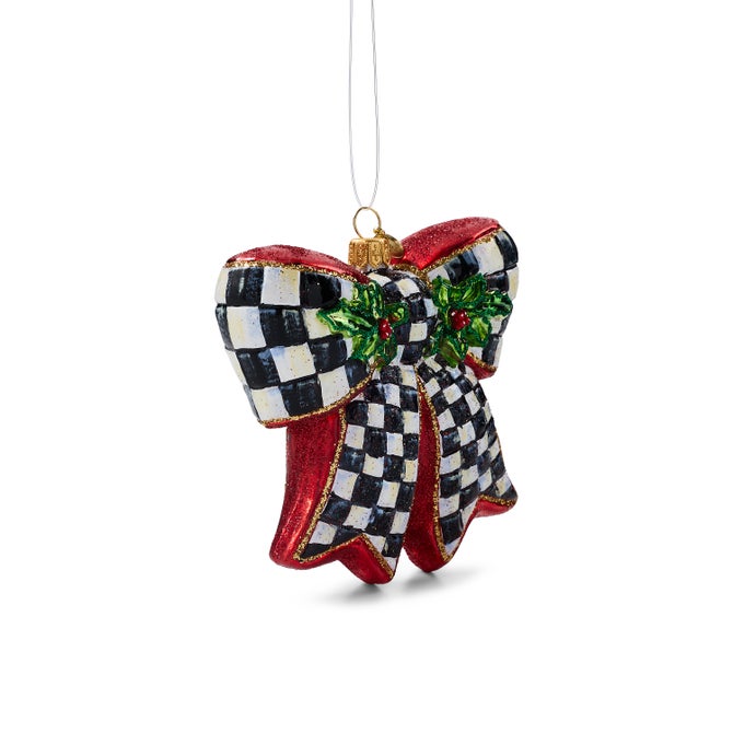 Courtly Check Holly Bow Glass Ornament image number 2
