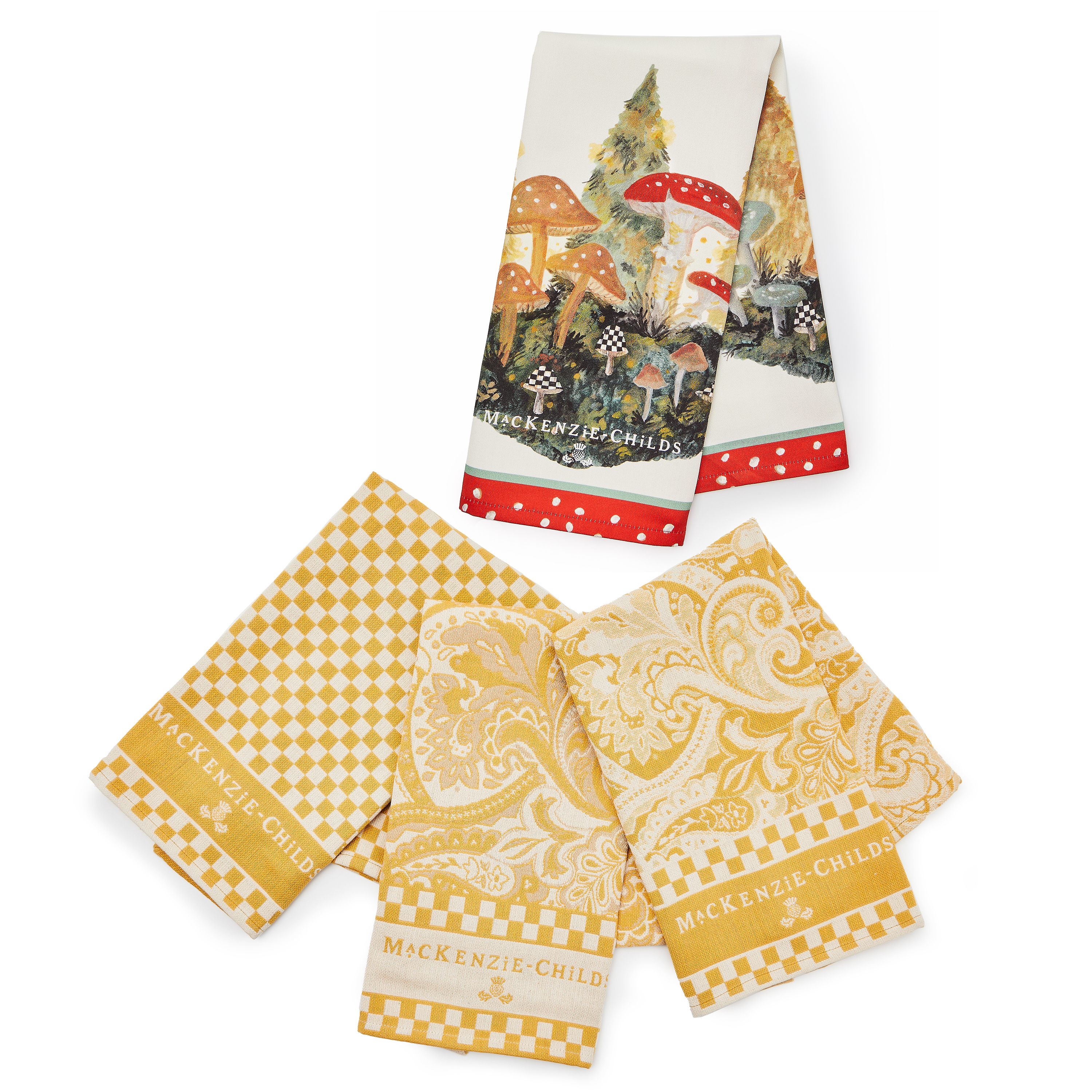 MacKenzie-Childs | Paisley & Checks Yellow Dish Towels & Mushroom