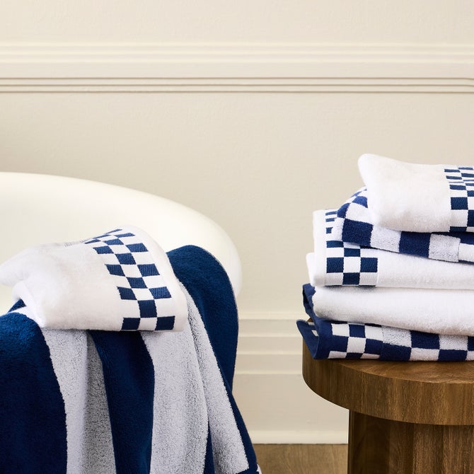 Bath Towel with Indigo Check Border image number 1