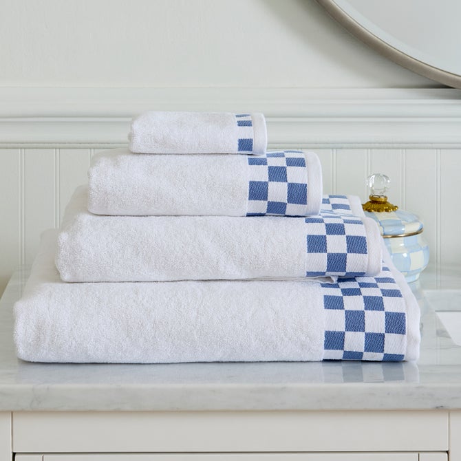 Bath Towel with French Blue Check Border image number 1