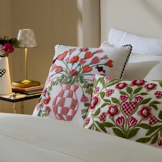 Pink Check Hearts Bouquet Throw Pillow image number 1