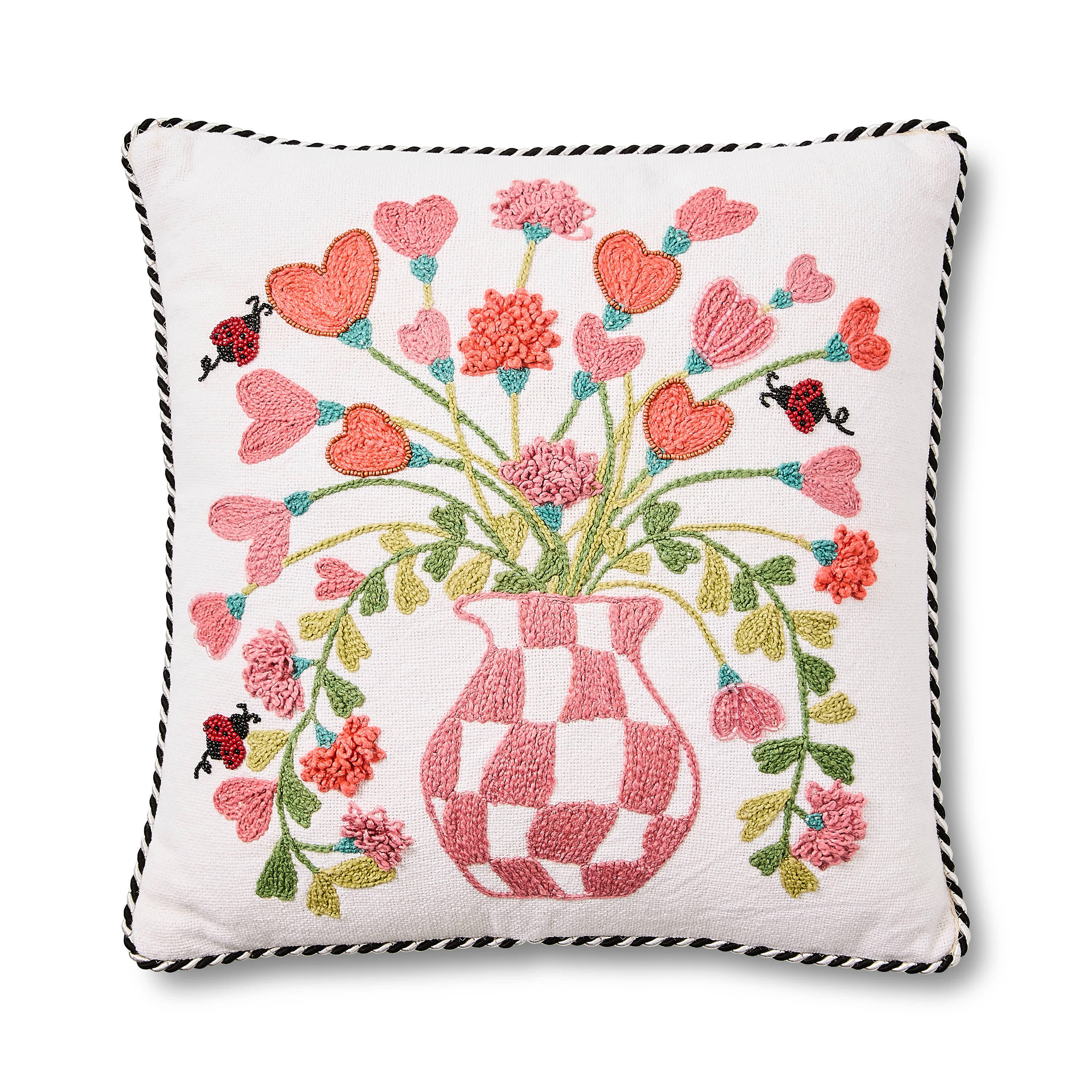 MacKenzie-Childs | Pink Check Hearts Bouquet Throw Pillow