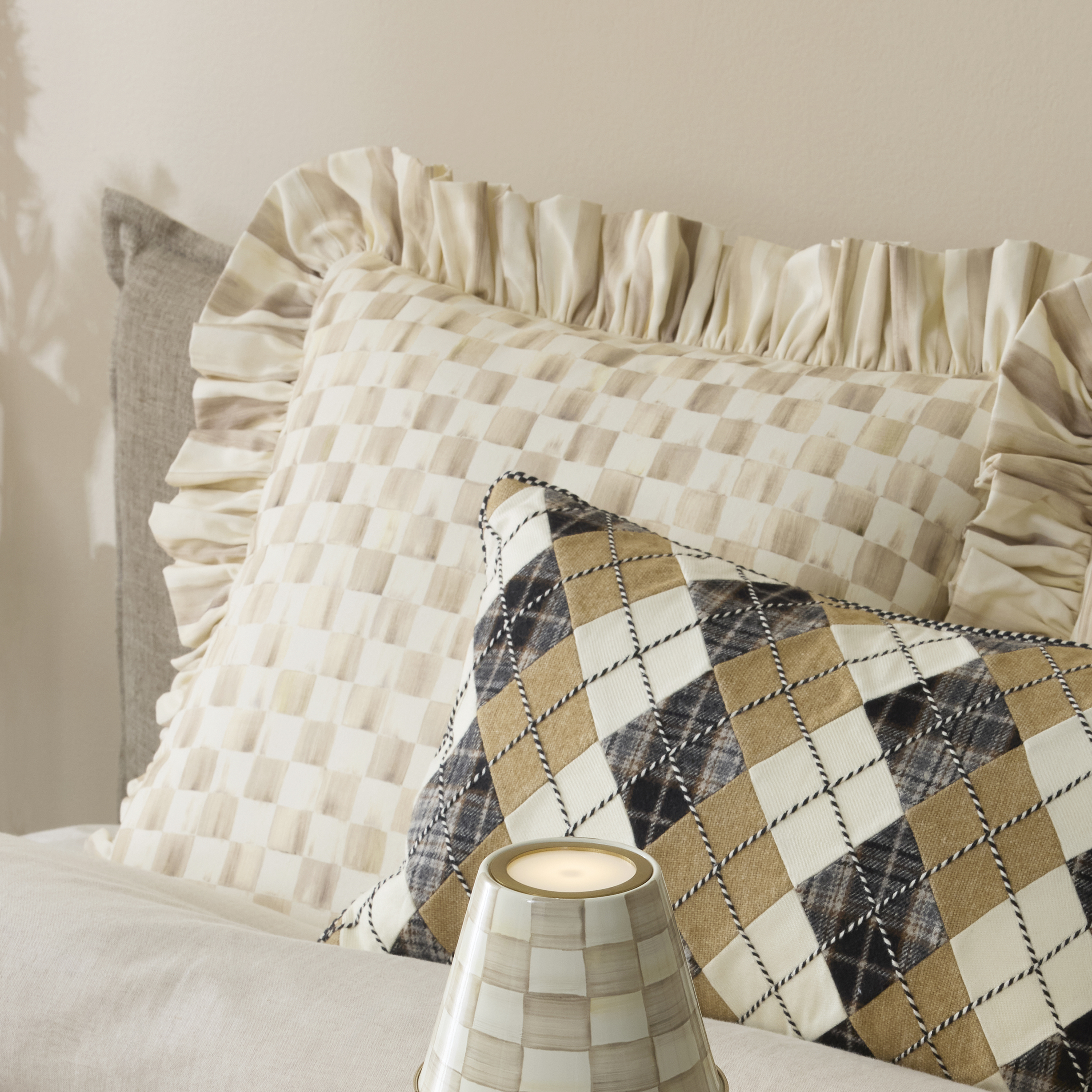 MacKenzie-Childs | Mocha Check Throw Pillow with Ruffle