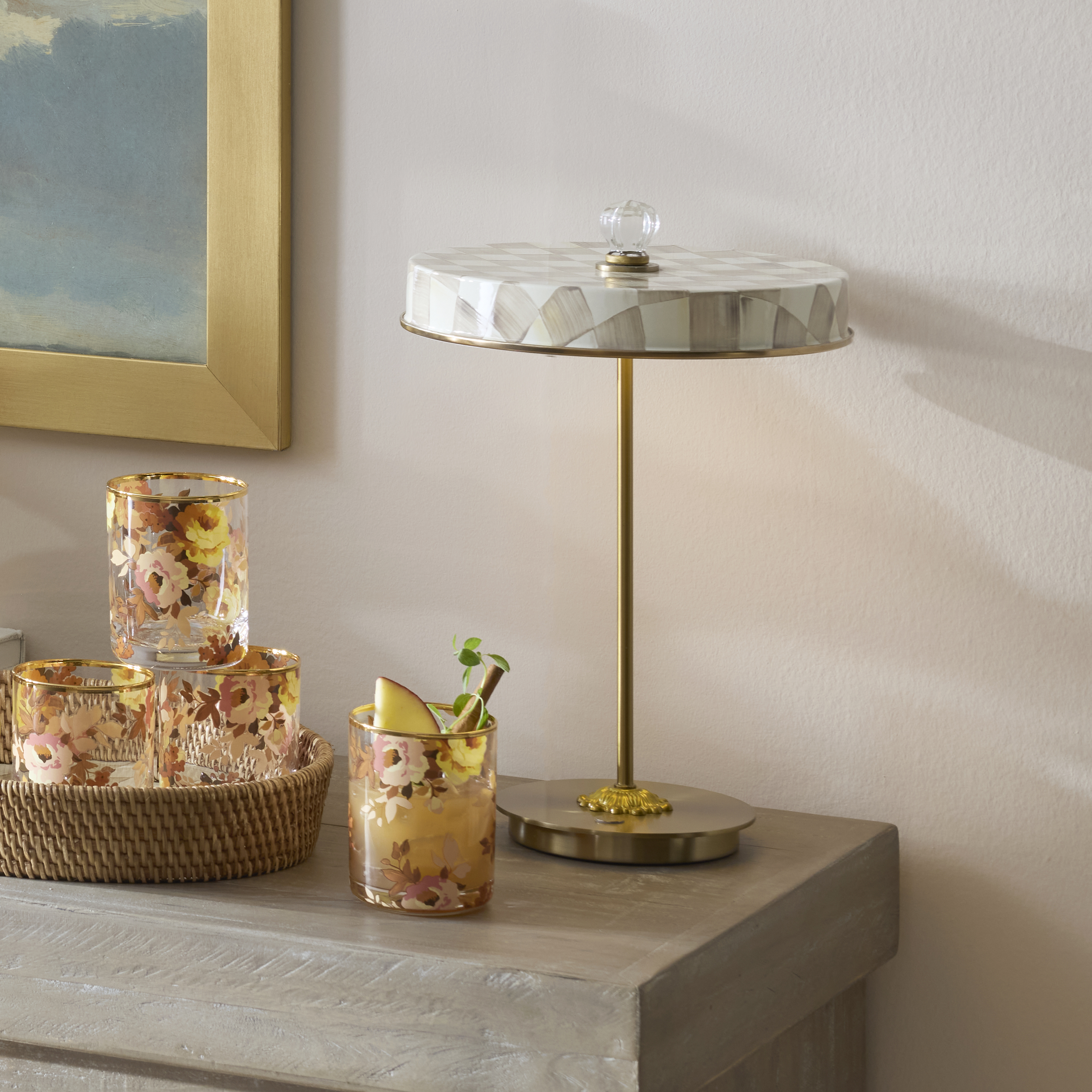 MacKenzie-Childs | Mocha Check LED Rechargeable Disk Table Lamp