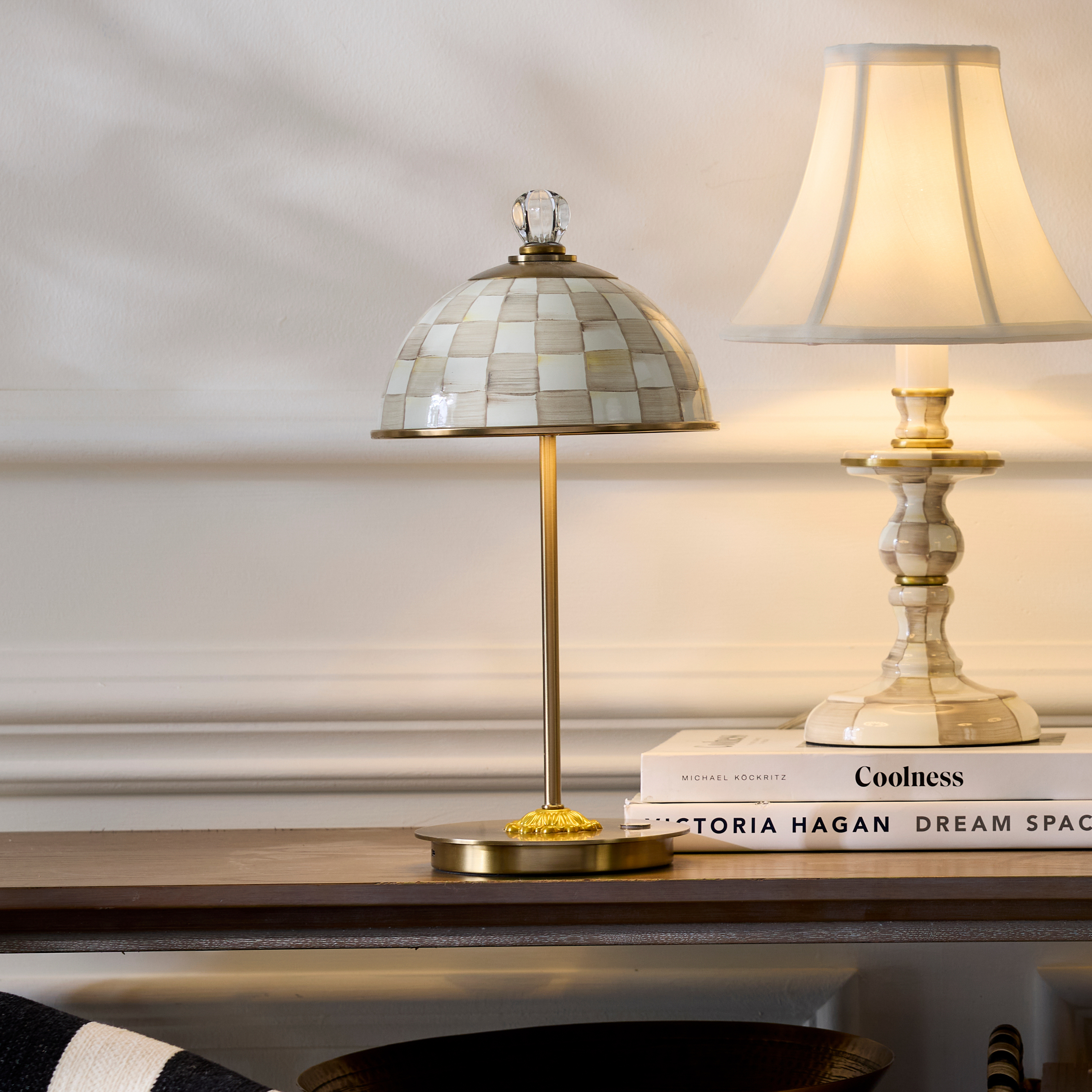 MacKenzie-Childs | Mocha Check LED Rechargeable Dome Table Lamp