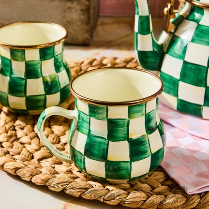Emerald Check Mugs, Set of 4