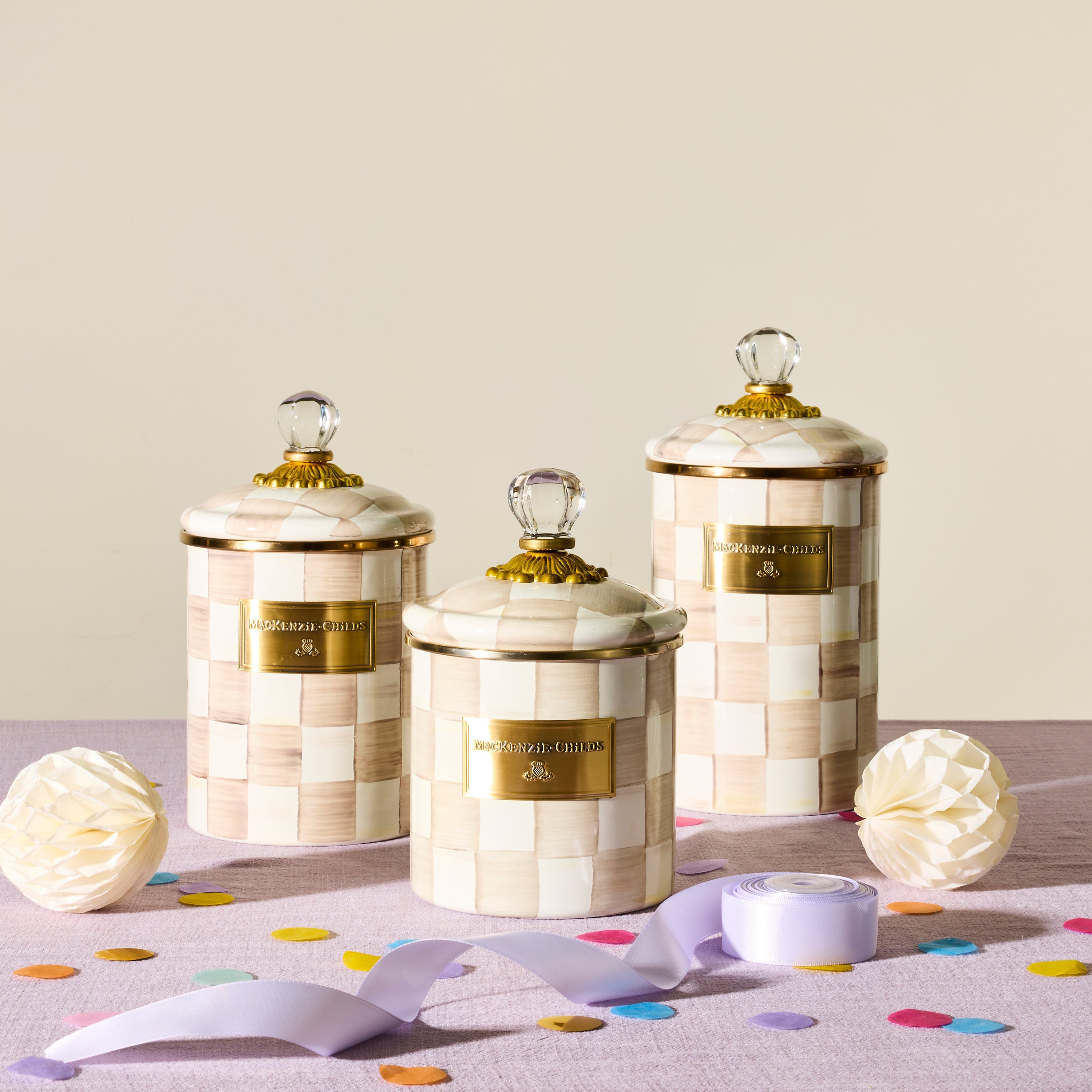 Mocha Check Canisters, Set of 3