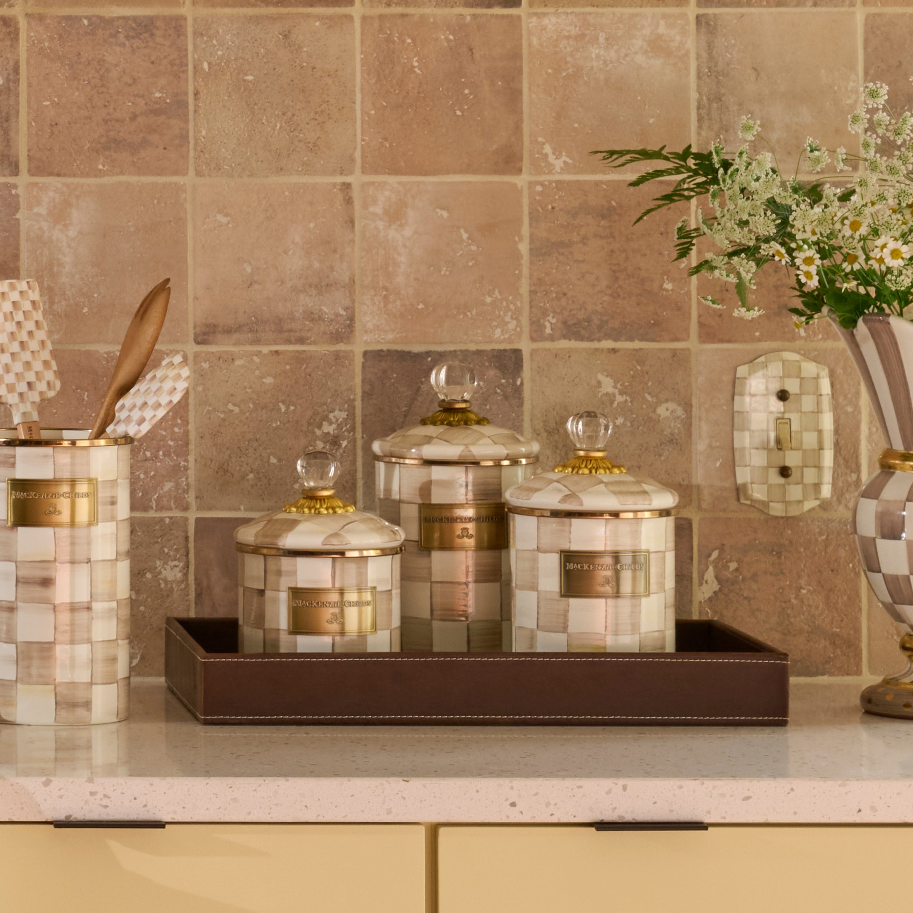 Mocha Check Canisters, Set of 3