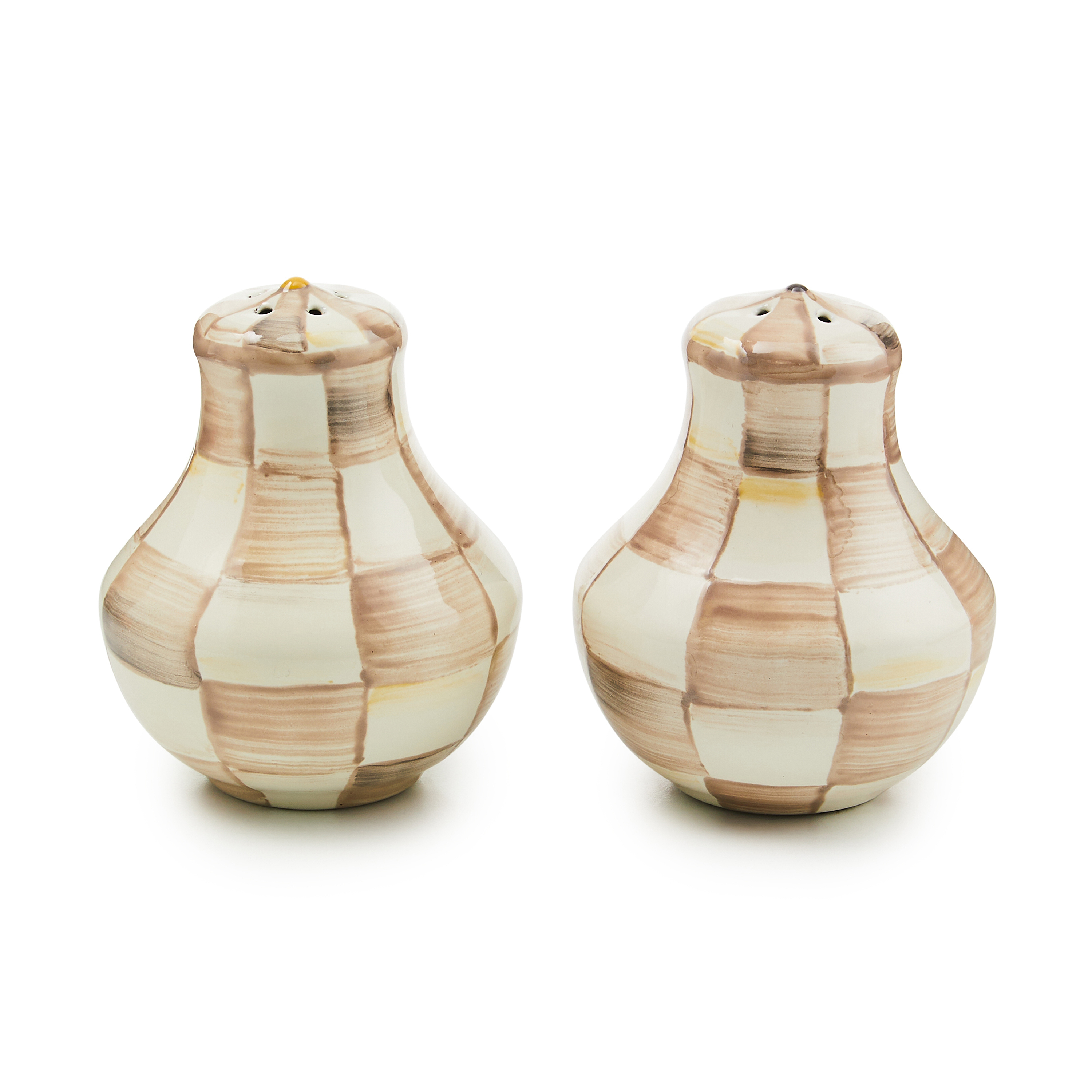 Mackenzie Childs Mocha Check Salt & Pepper Shakers