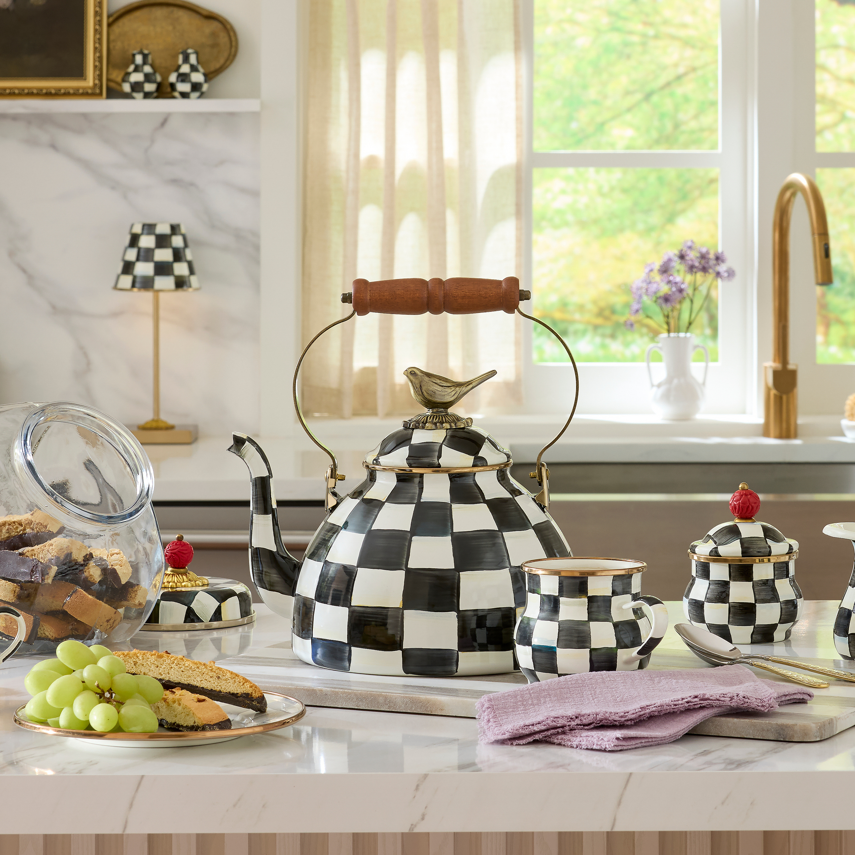 MacKenzie-Childs | Courtly Check 3 Quart Tea Kettle with Bird