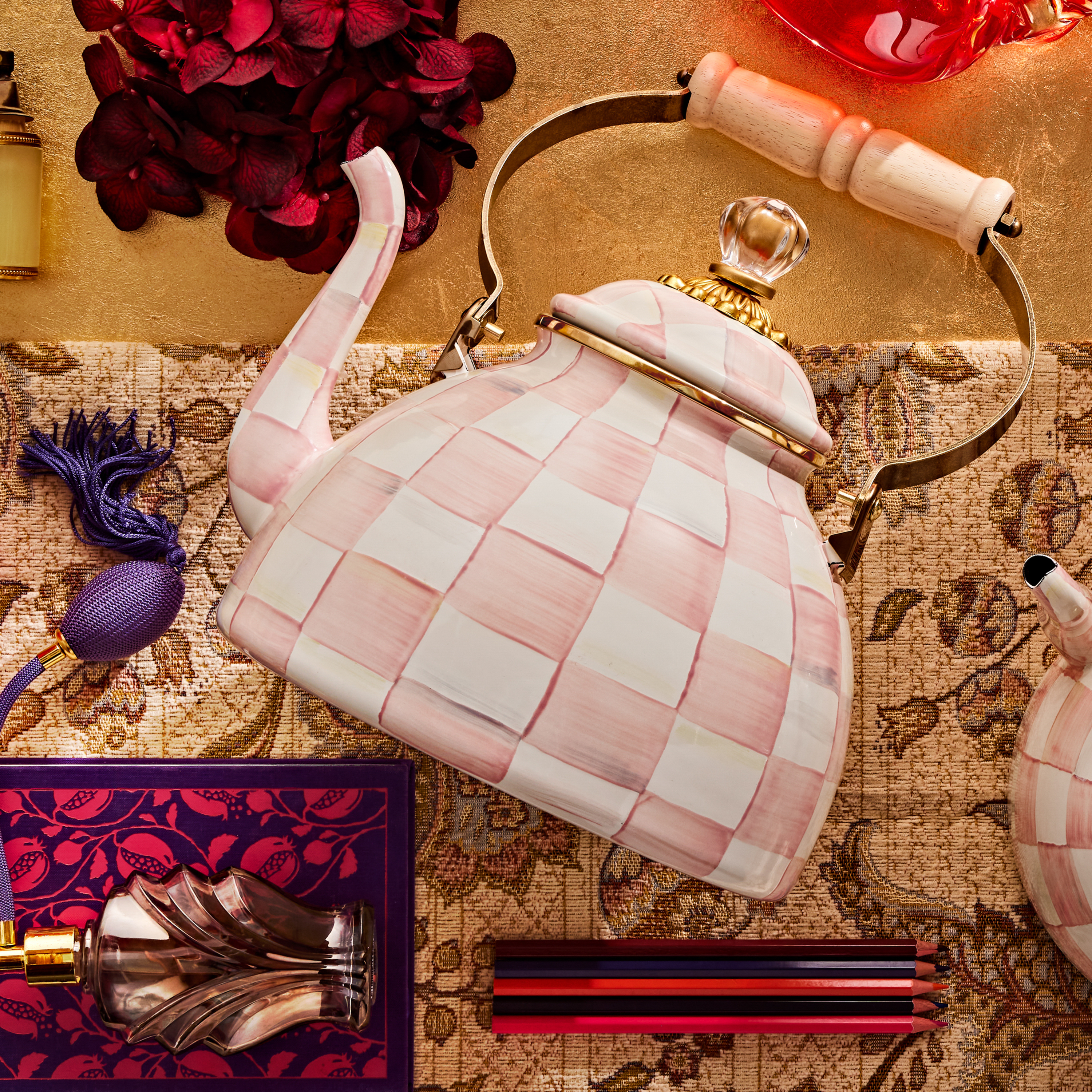 MacKenzie-Childs | Rosy Check 3 Quart Tea Kettle