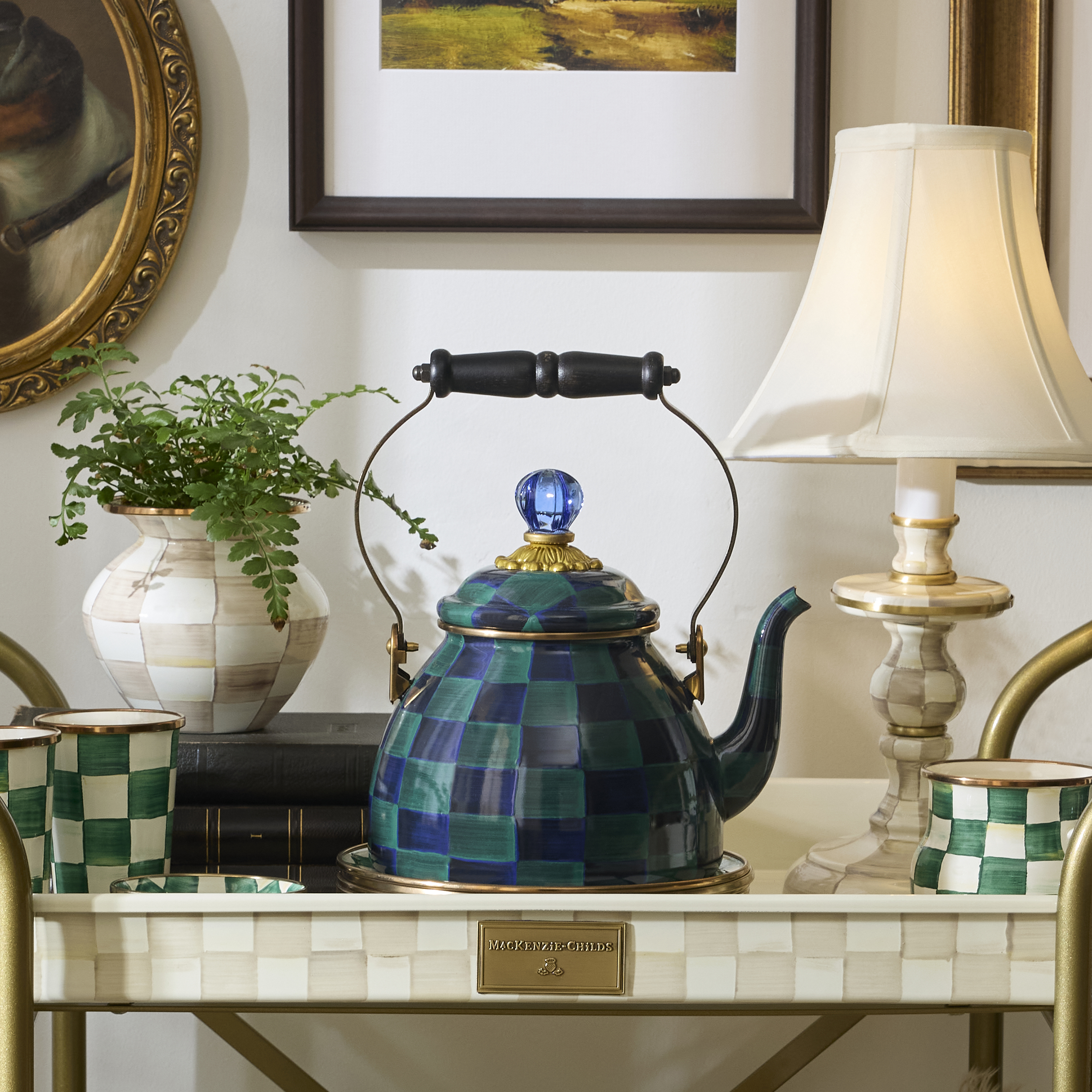 【美品】Mackenzie-Childs チェック ×チューリップティーポット柄 MacKenzie-Childs | Juniper Check 2 Quart Tea Kettle