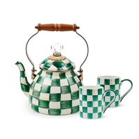 Emerald Check 2 Quart Kettle & Porcelain Mug Set