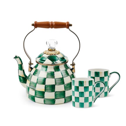 Emerald Check 2 Quart Kettle & Porcelain Mug Set