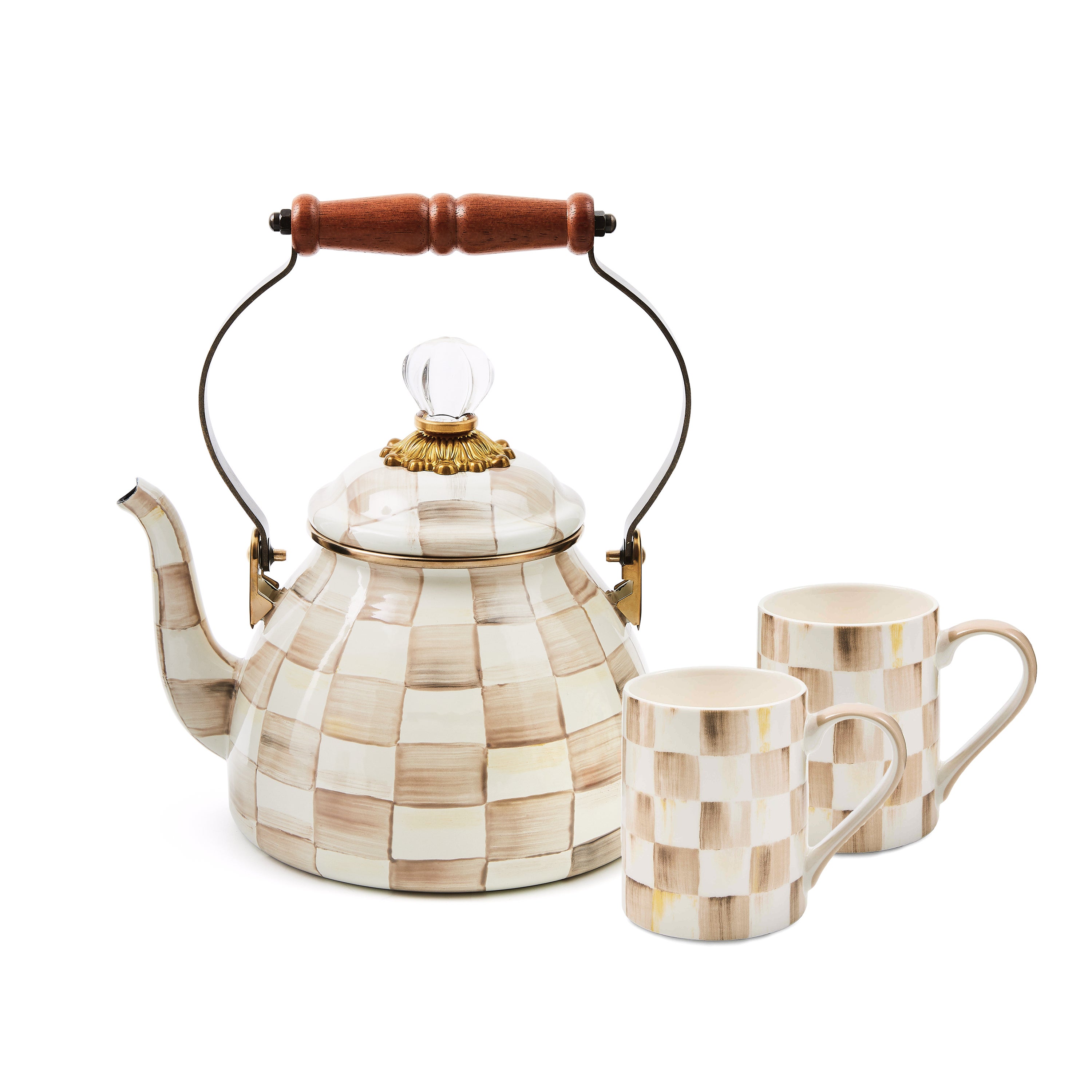 Mocha Check 2 Quart Kettle & Porcelain Mug Set