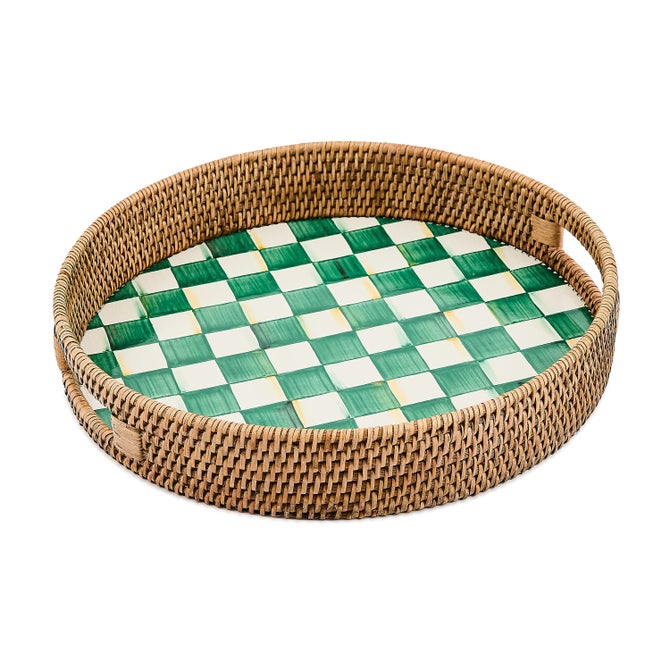 Emerald Check Enamel & Rattan Round Serving Tray image number 0