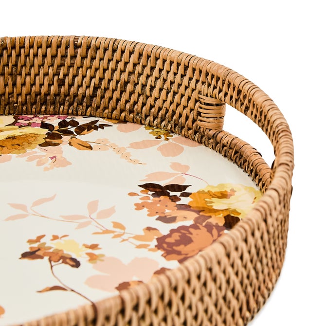 Wild Rose White Enamel & Rattan Round Serving Tray image number 2