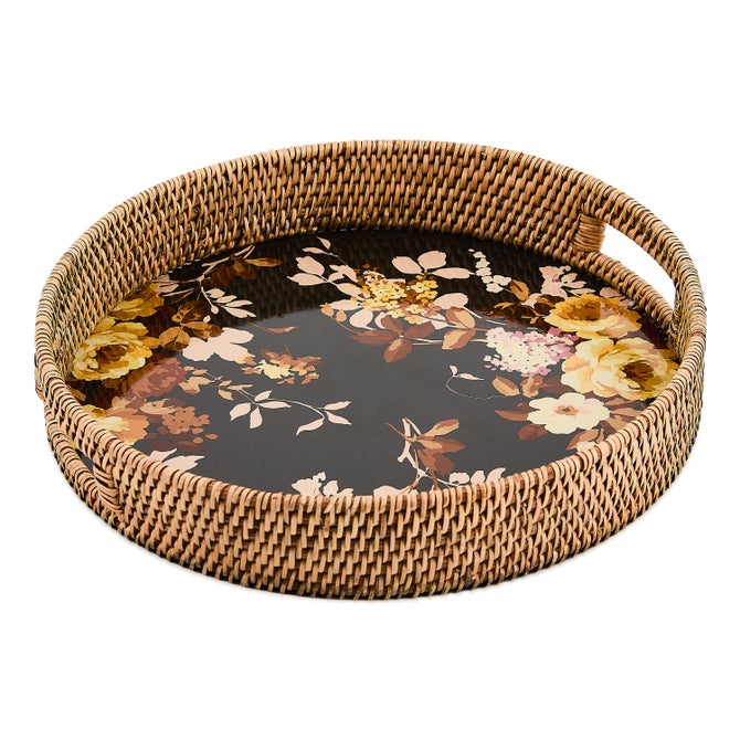 Wild Rose Brown Enamel & Rattan Round Serving Tray image number 0