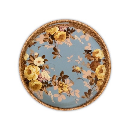 Wild Rose Slate Enamel & Rattan Round Tray