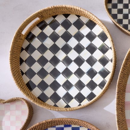 Courtly Check Enamel & Rattan Round Serving Tray