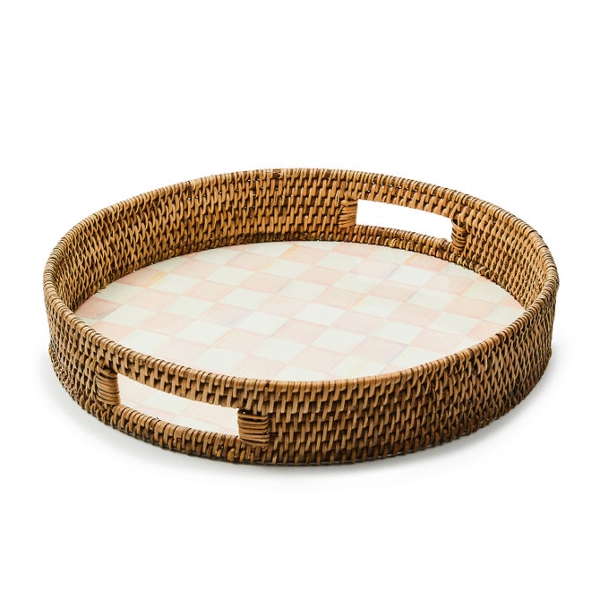 Rosy Check Enamel & Rattan Round Serving Tray image number 0