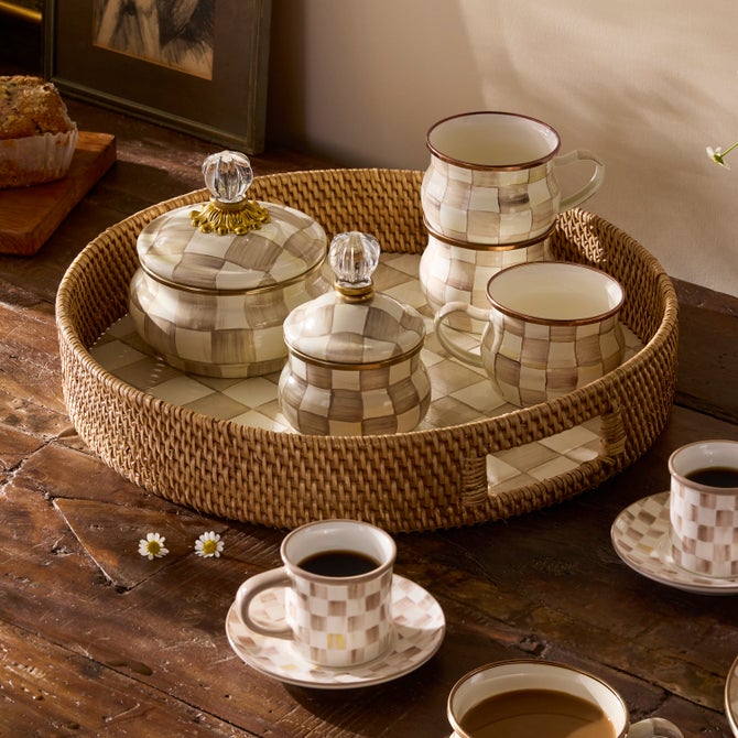 Mocha Check Enamel & Rattan Round Serving Tray image number 1