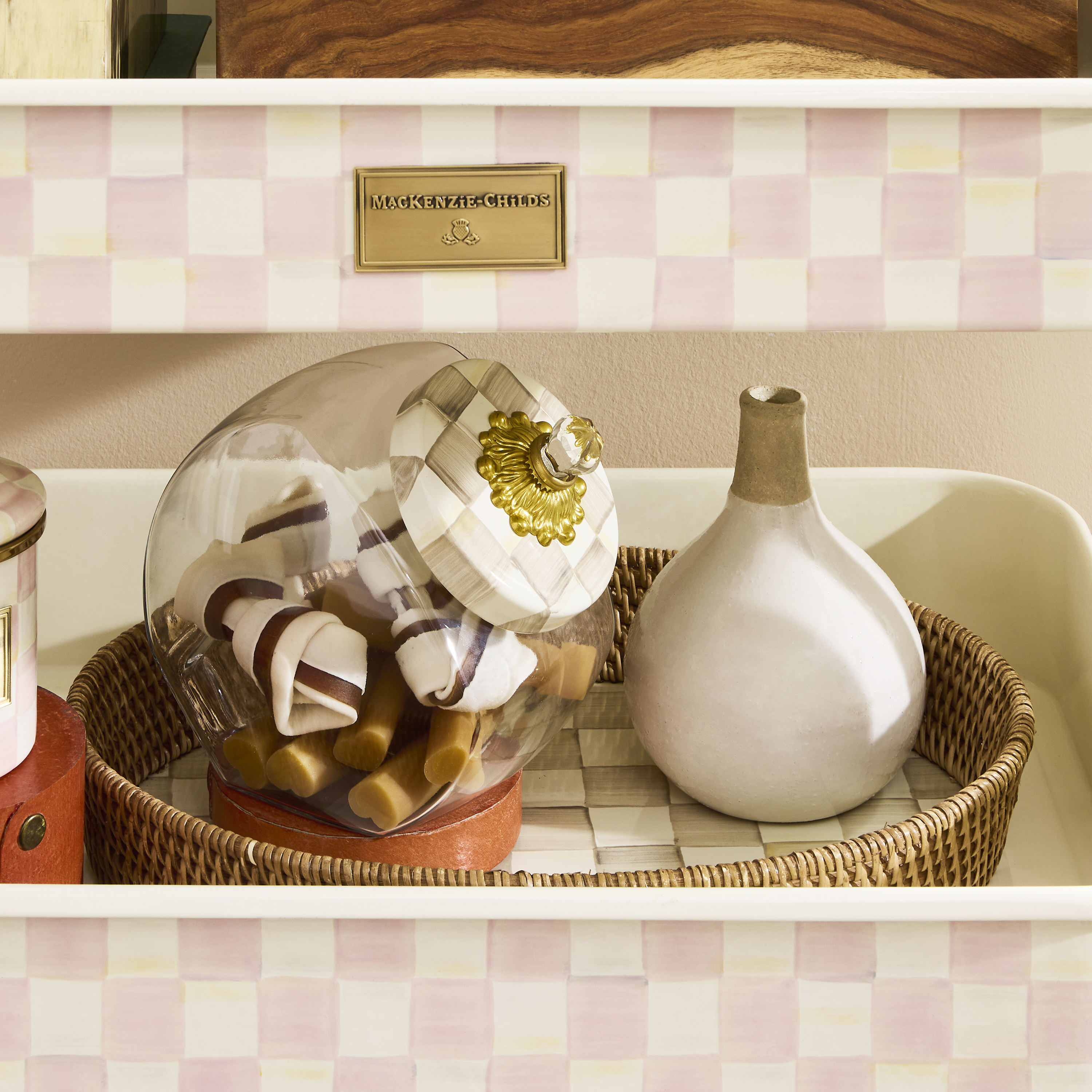 MacKenzie-Childs | Mocha Check Enamel & Rattan Round Serving Tray