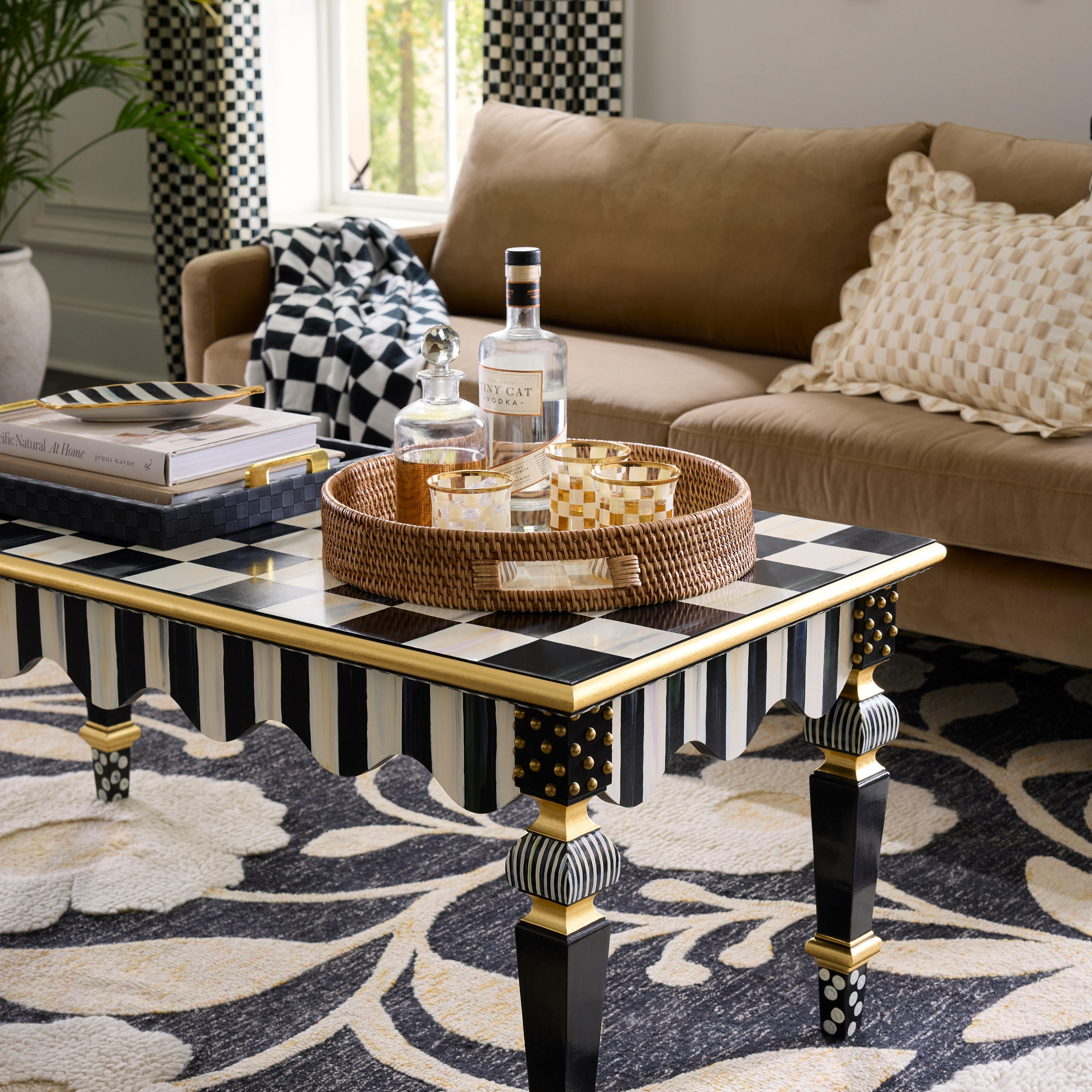 MacKenzie-Childs | Mocha Check Enamel & Rattan Round Serving Tray