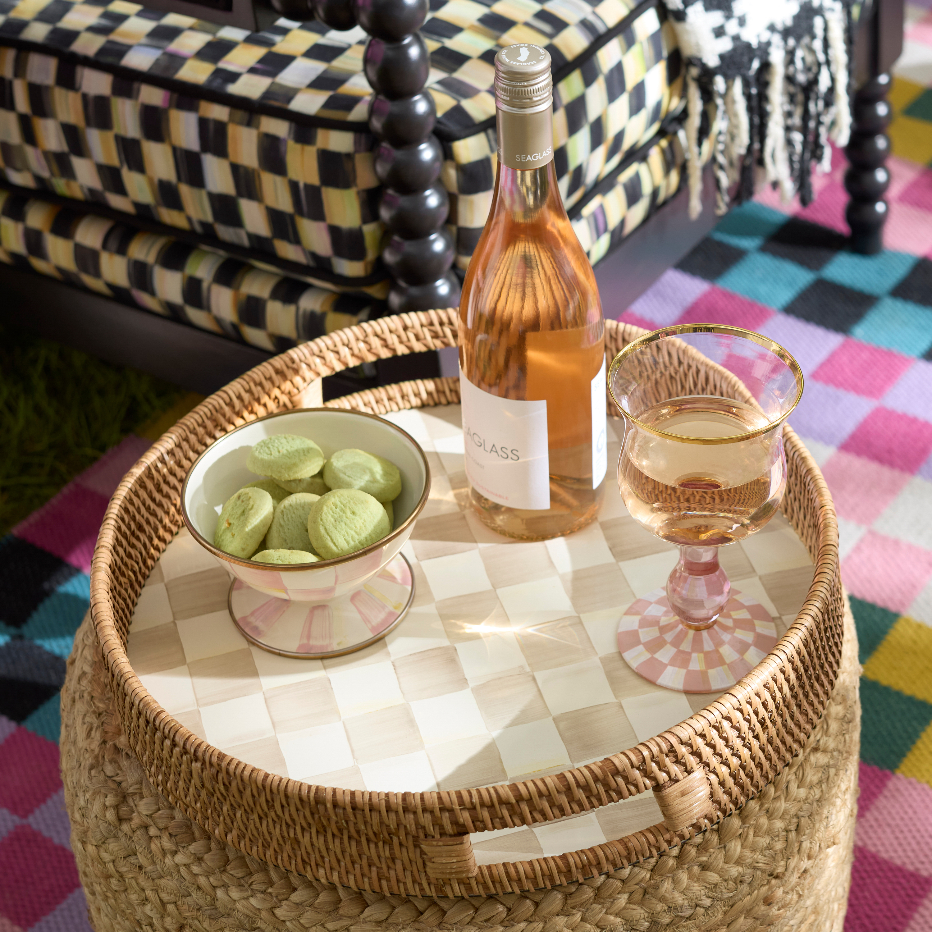 MacKenzie-Childs | Mocha Check Enamel & Rattan Round Serving Tray